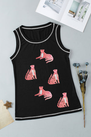 Black sequin leopard graphic tank top with contrast stitching