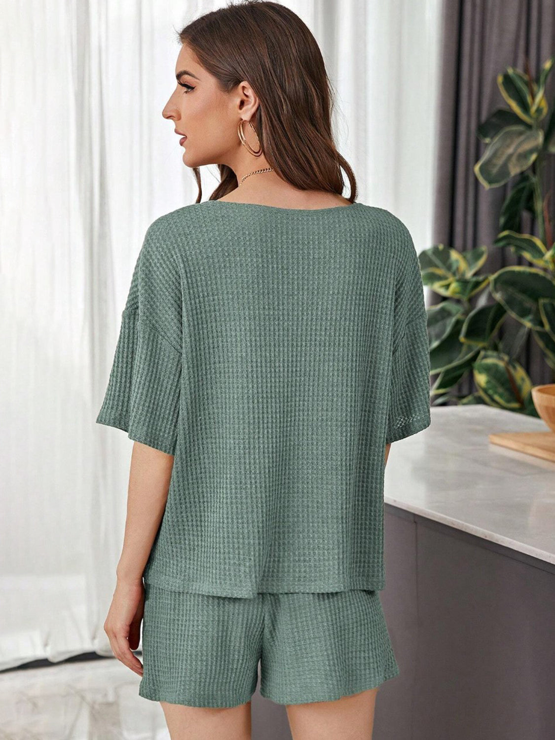 Relaxed waffle henley short set in Army Green, featuring a relaxed fit and short sleeves.