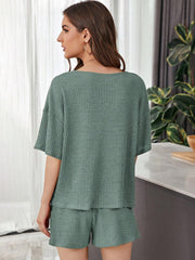 Relaxed waffle henley short set in Army Green, featuring a relaxed fit and short sleeves.