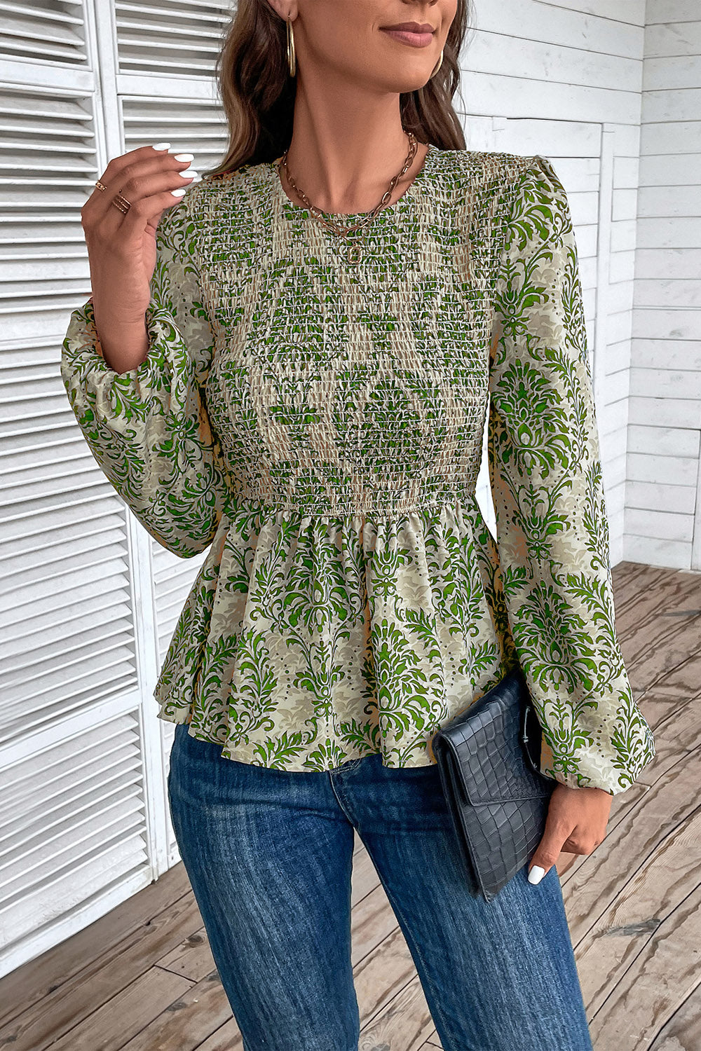 Green damask print peplum blouse with smocking and puff sleeves