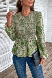 Green damask print peplum blouse with smocking and puff sleeves