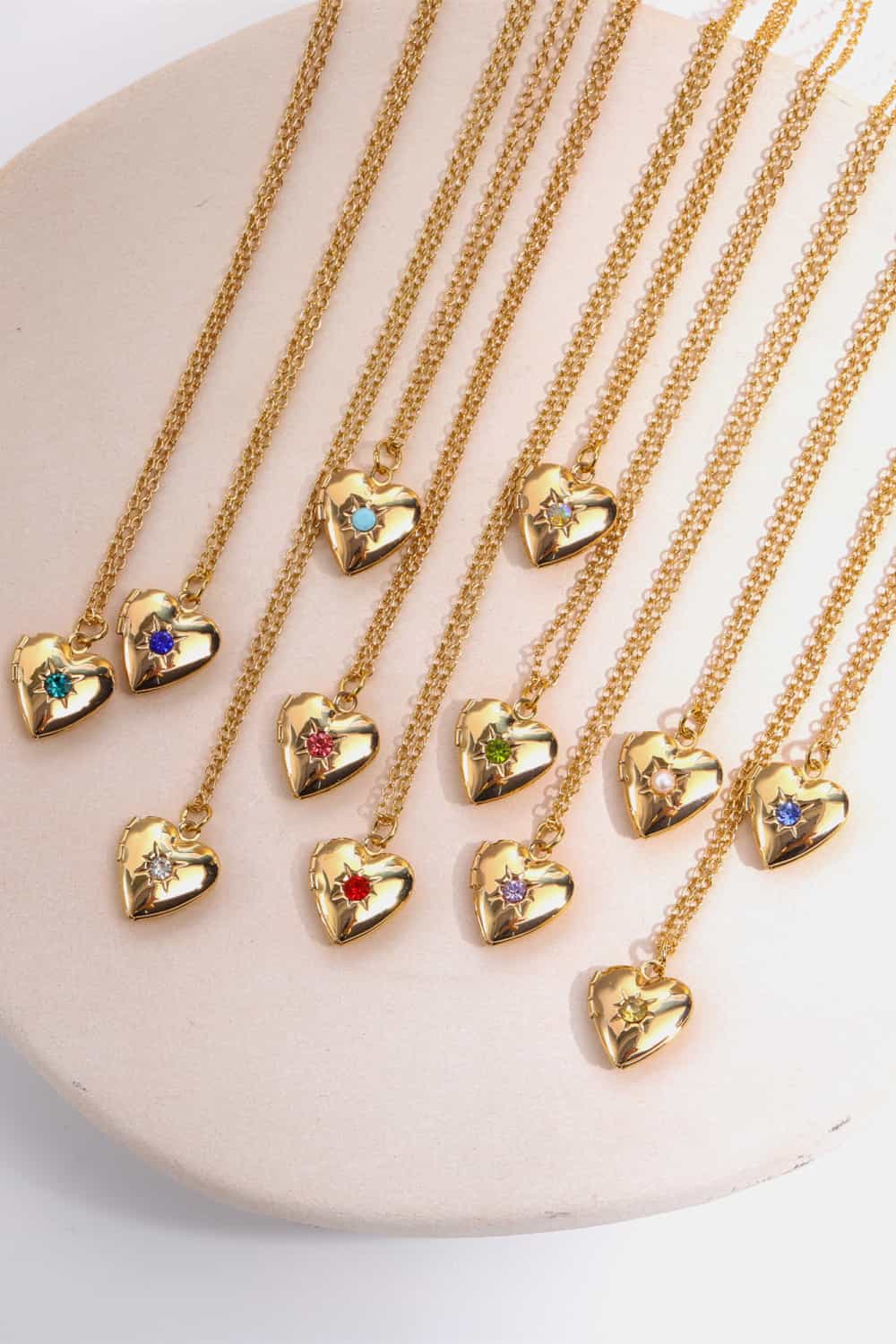 Gold heart locket necklaces with colorful gemstone accents, 14k gold plated copper.
