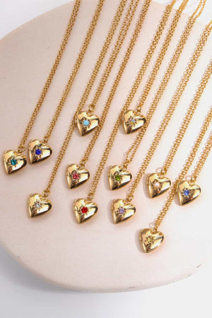 Gold heart locket necklaces with colorful gemstone accents, 14k gold plated copper.