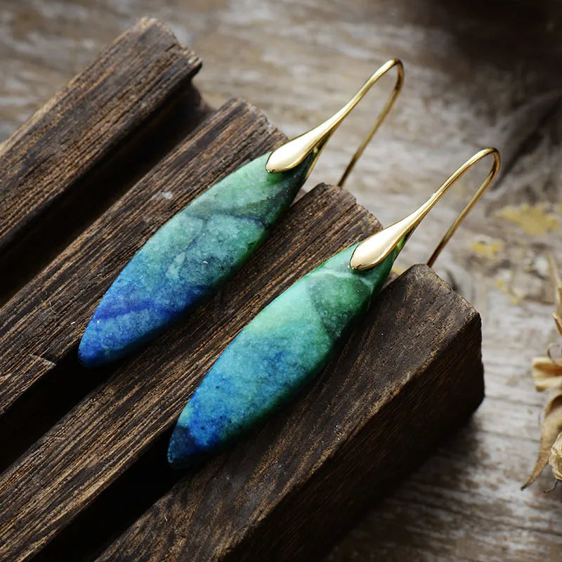Verdant Stone Teardrop Dangle Earrings in Blue/Green/Gold with gold accents