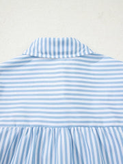 Blue and white striped button-down shirt with a collar and shirred hem detail.
