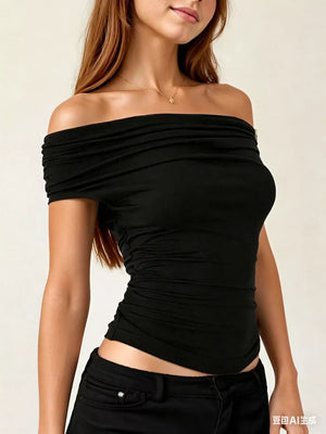 Black off-shoulder ruched t-shirt with short sleeves and a flattering fit.