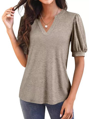 Camel t-shirt with puff sleeves and notched V-neck
