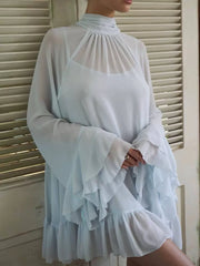 Sheer Mock Neck Flare Sleeve Dress in Sky Blue, close-up detail
