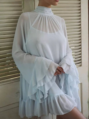 Sheer Mock Neck Flare Sleeve Dress in Sky Blue, close-up detail
