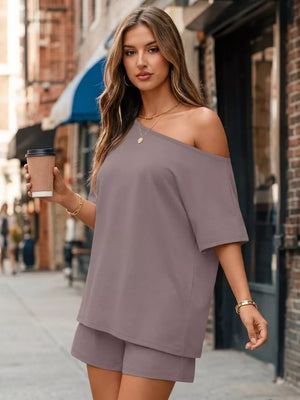 Gray boat neck tee and shorts set with off-the-shoulder styling