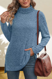 Sky Blue ribbed knit turtleneck tunic top with side slits and pockets.