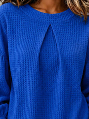 Waffle Knit Round Neck Top in Burgundy, model styling view