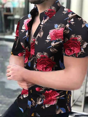 Short sleeve button-down shirt in black with a bold red floral print.