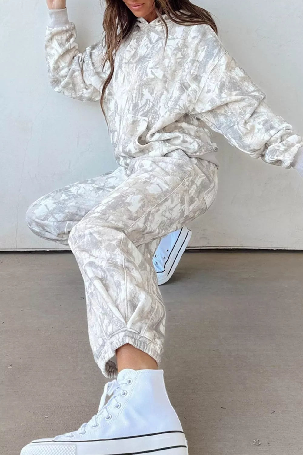 Multicolour Abstract Print Long Sleeve Pant Set in Light Gray, model styling view