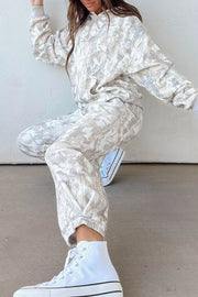 Multicolour Abstract Print Long Sleeve Pant Set in Light Gray, model styling view