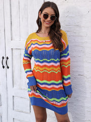 Chevron stripe knit mini dress with crochet details in multicolor stripes.