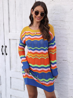 Chevron stripe knit mini dress with crochet details in multicolor stripes.