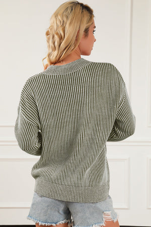 Vertical ribbed mock neck pullover in sage with white stripes, acrylic knit, long sleeves.