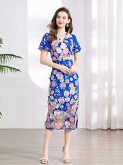 Embroidered Floral Puff Sleeve Midi Dress