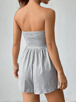 Light gray ruched waist strapless cotton romper with a subtle animal print detail.