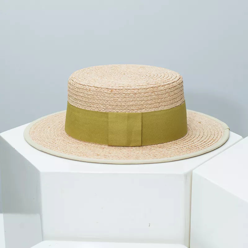 Classic straw boater hat with olive green band