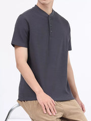 Dark Gray casual Henley t-shirt with button placket and short sleeves.