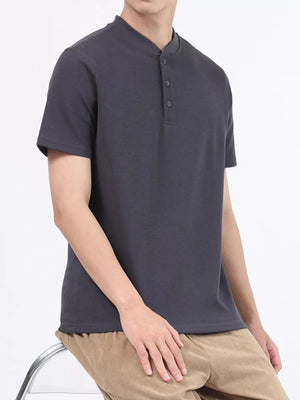 Dark Gray casual Henley t-shirt with button placket and short sleeves.