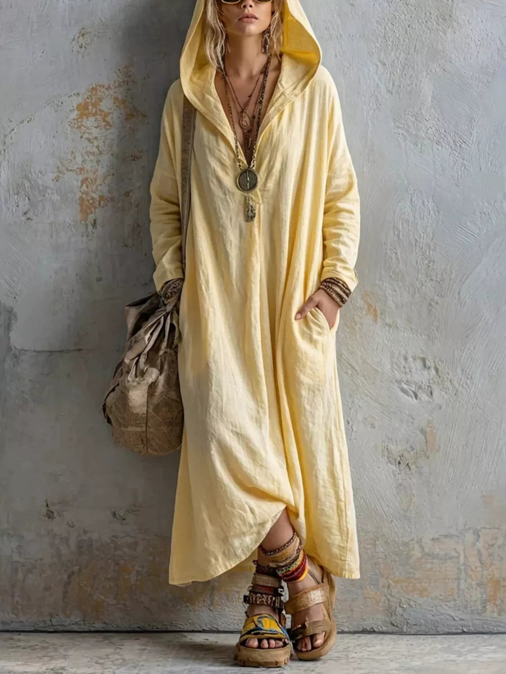 Long Sleeve Hooded Midi Dress With Pockets in White, front view
