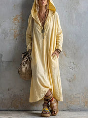 Long Sleeve Hooded Midi Dress With Pockets in White, front view