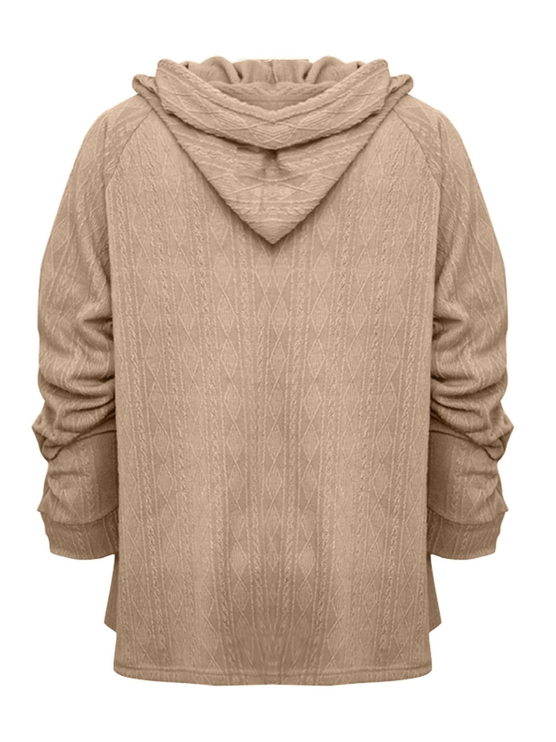 Textured knit raglan hoodie in camel with diamond pattern and ruched sleeves.