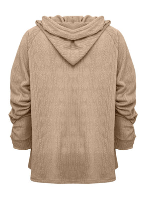 Textured knit raglan hoodie in camel with diamond pattern and ruched sleeves.