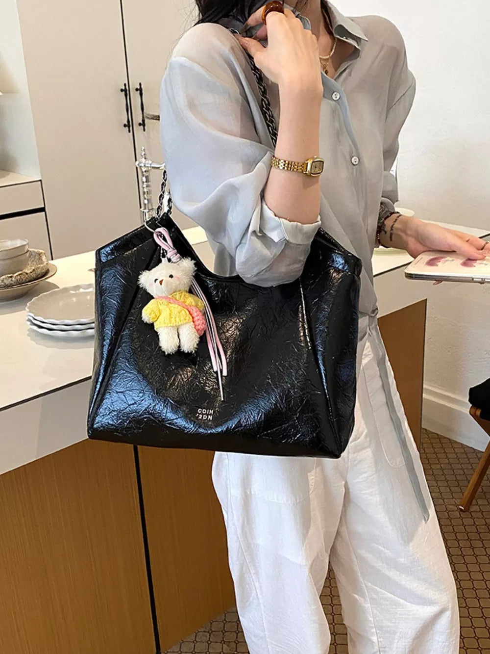 Pu Leather Large Shoulder Bag in Black, close-up detail