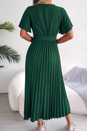 Green wrap bodice midi dress with flutter sleeves and pleated skirt.