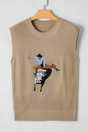 Tan knit tank top with cowboy riding a bull graphic, acrylic, crew neck, sleeveless.