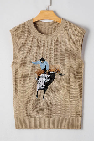 Tan knit tank top with cowboy riding a bull graphic, acrylic, crew neck, sleeveless.