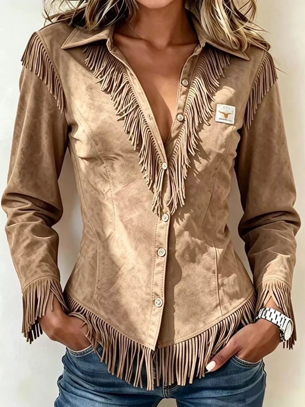 Full Size Fringed Collared Neck Shirt Plus Size in Pink, editorial view