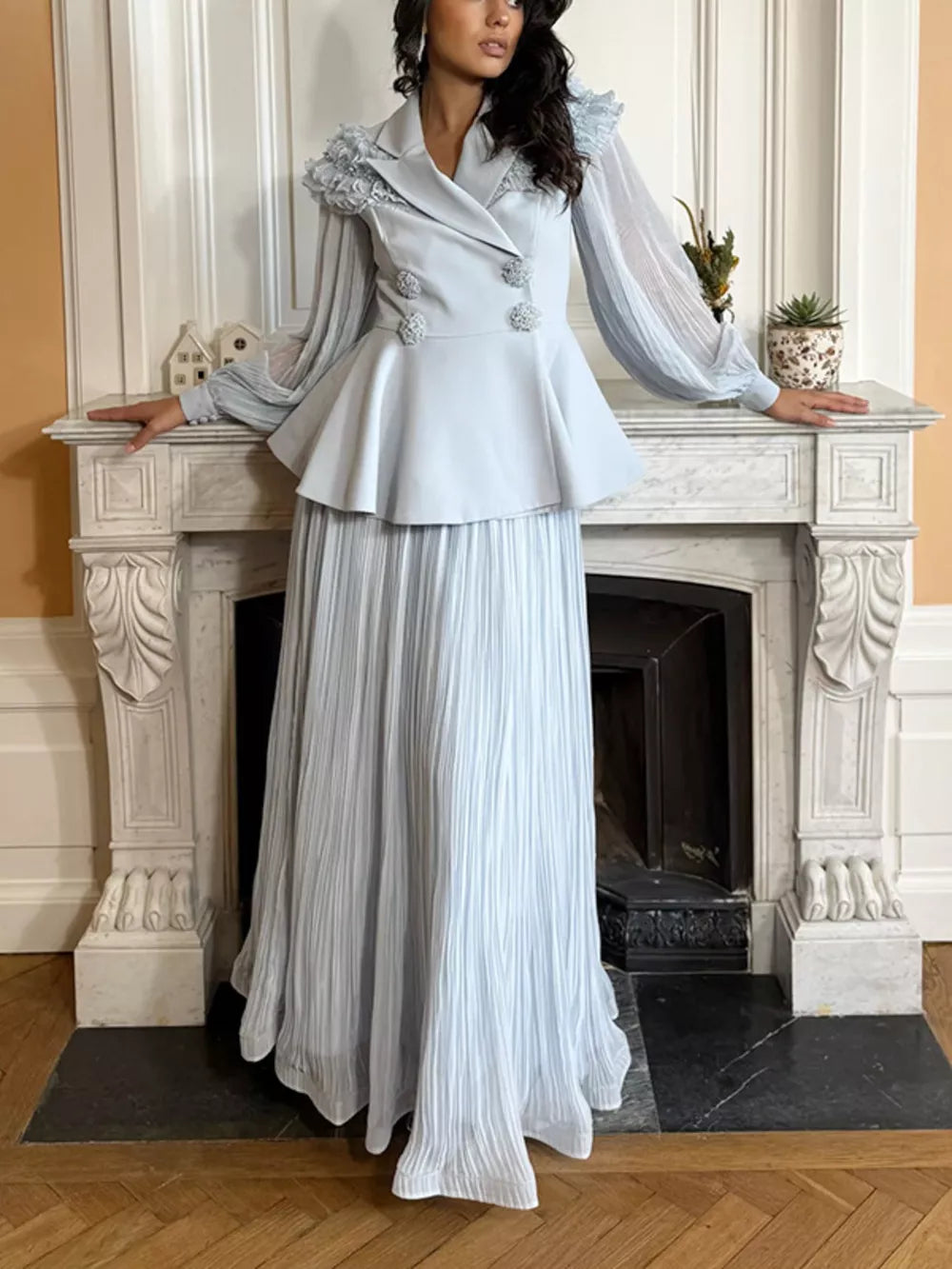 Light blue frill collar two-piece skirt suit with balloon sleeves and pleated maxi skirt.
