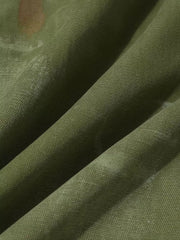 Green distressed cargo pants with subtle accents and textured polyester-spandex fabric.