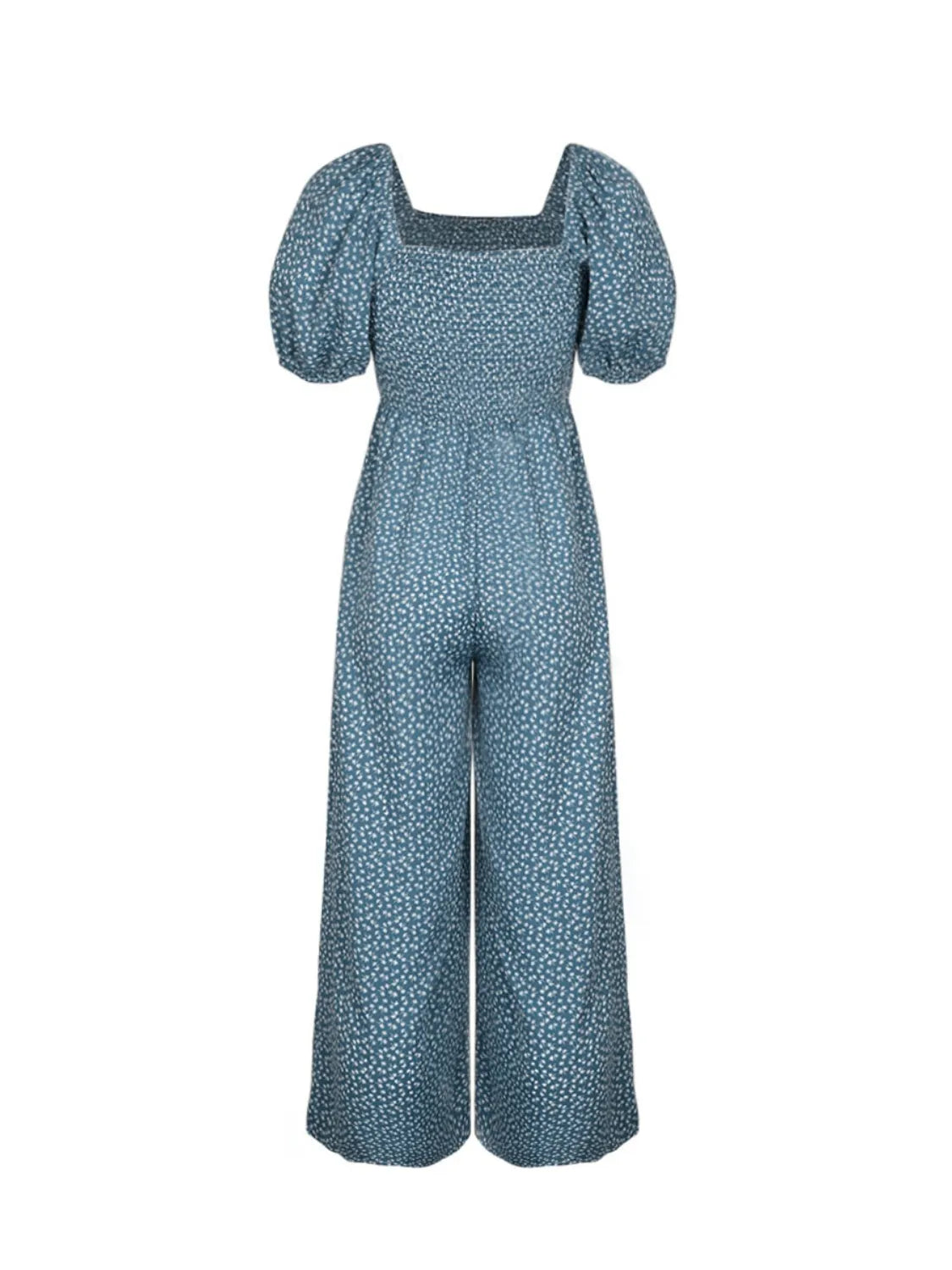 Smocked bodice floral wide-leg jumpsuit in Dusty Blue with puff sleeves and square neckline.