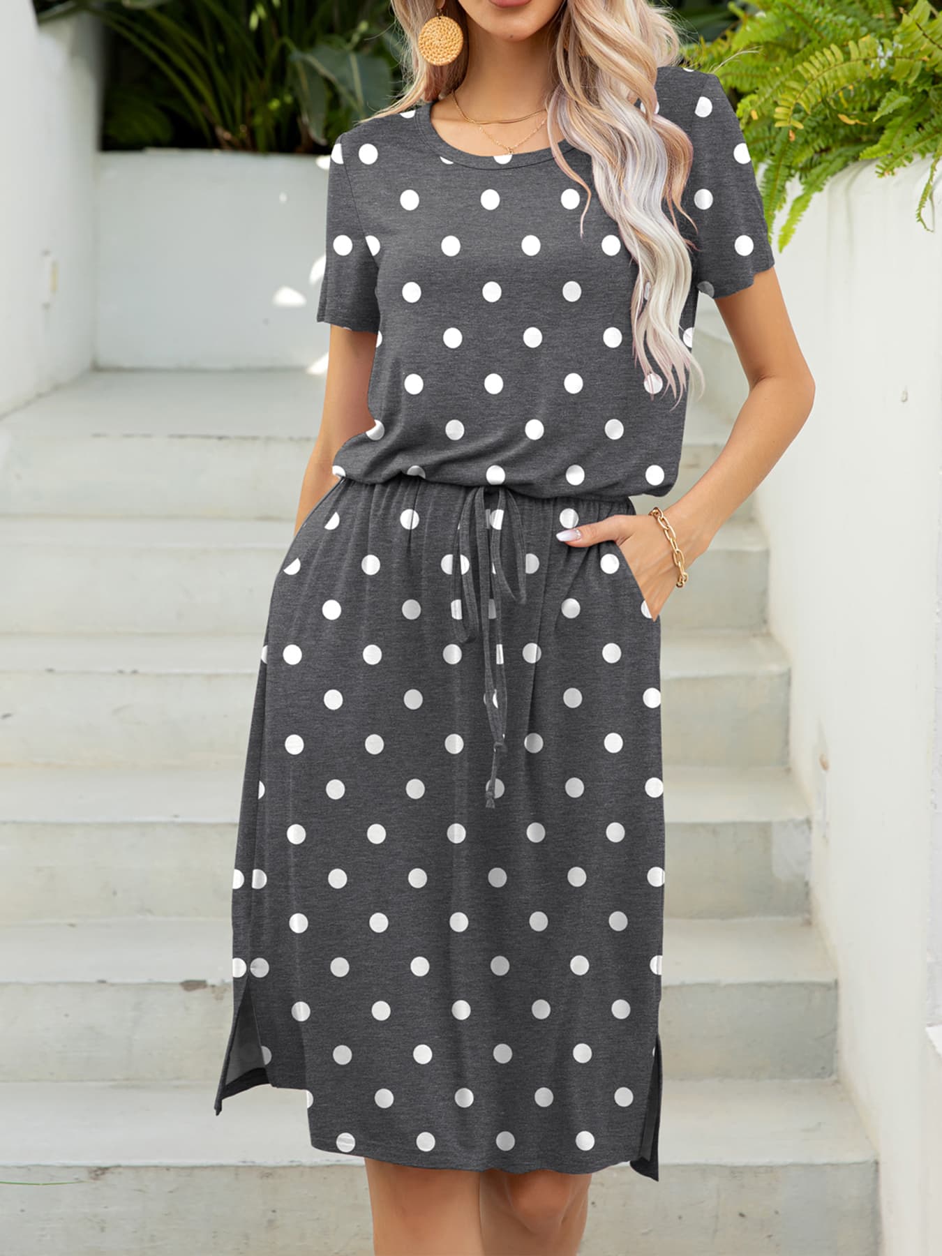 Gray/Dot midi dress with drawstring waist, pockets, and short sleeves.