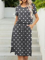 Gray/Dot midi dress with drawstring waist, pockets, and short sleeves.