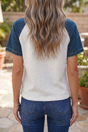 Textured Color Block Denim Polo Collar Tee, side view