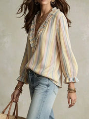Striped V-neck Long Sleeve Blouse in Multicolor, close-up detail