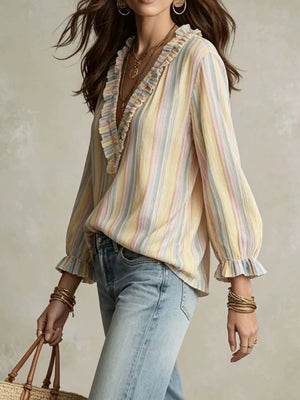 Striped V-neck Long Sleeve Blouse in Multicolor, close-up detail