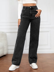 Black wide-leg denim jeans with a sculpted waist and button closure.