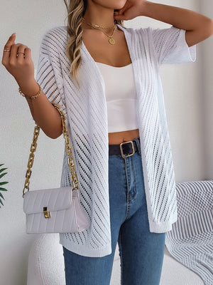 White open-knit slouchy cardigan with short sleeves and a relaxed fit.