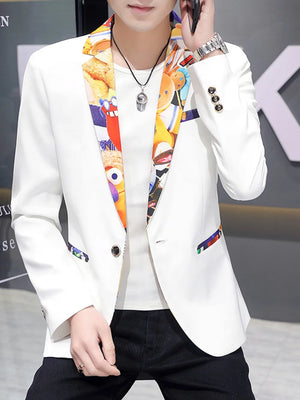 White slim fit blazer with vibrant printed lapel and pocket trim.