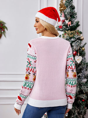 Pink acrylic Christmas knit sweater with Fair Isle pattern on sleeves, featuring reindeer and candy canes.