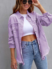 Lavender distressed denim shacket with frayed hem and cuffs.