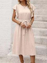 Beige midi dress with ruffled short sleeves, a tie waist, and button-down front.